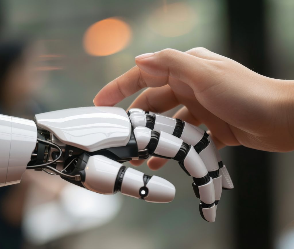 A person holding a robotic hand in their right hand, closeup shot